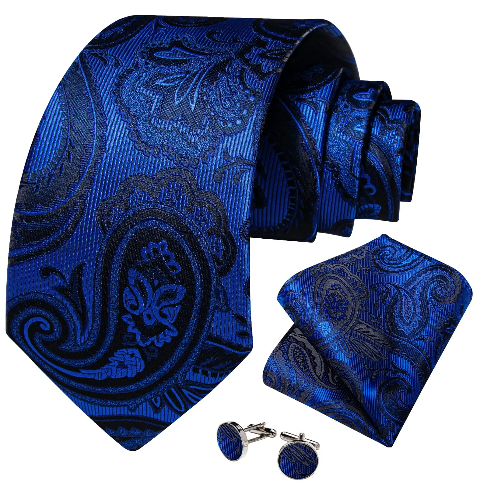 DiBanGu Dress Tie Navy Blue Floral Men's Silk Tie Handkerchief Cufflinks Set