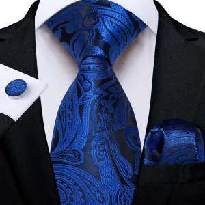 DiBanGu Dress Tie Smalt Blue Floral Mens Silk Work Tie Handkerchief Cufflinks Set