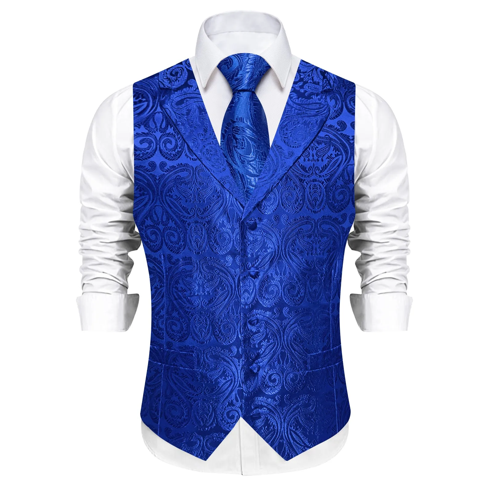 DiBanGu Navy Blue Paisley Notched Collar Silk Mens Vest Tie Set