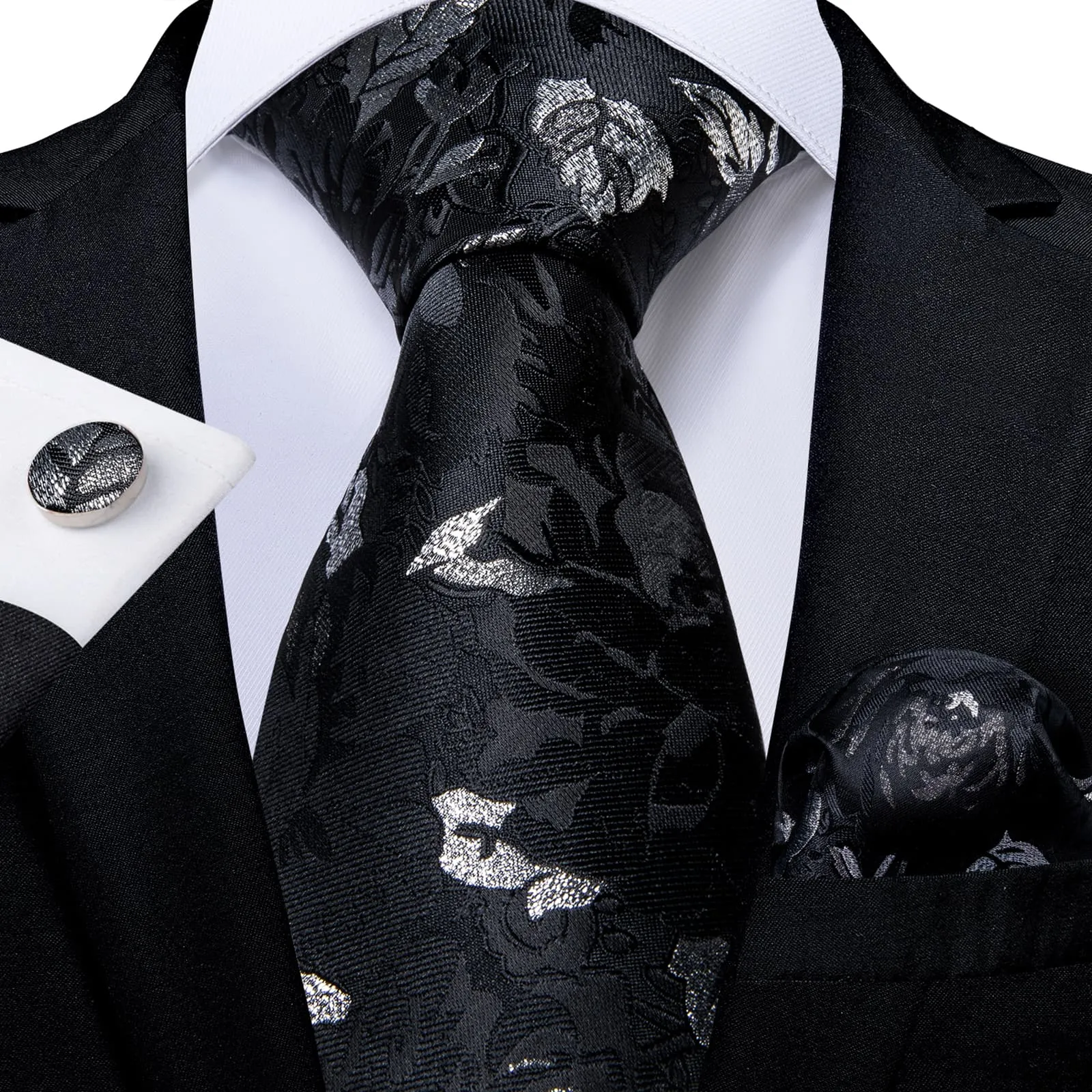 DiBanGu Silk Tie Black Silver Floral Lazy Easy-pull Mens Dress Tie Hanky Cufflinks Set