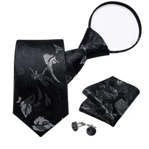 DiBanGu Silk Tie Black Silver Floral Lazy Easy-pull Mens Dress Tie Hanky Cufflinks Set