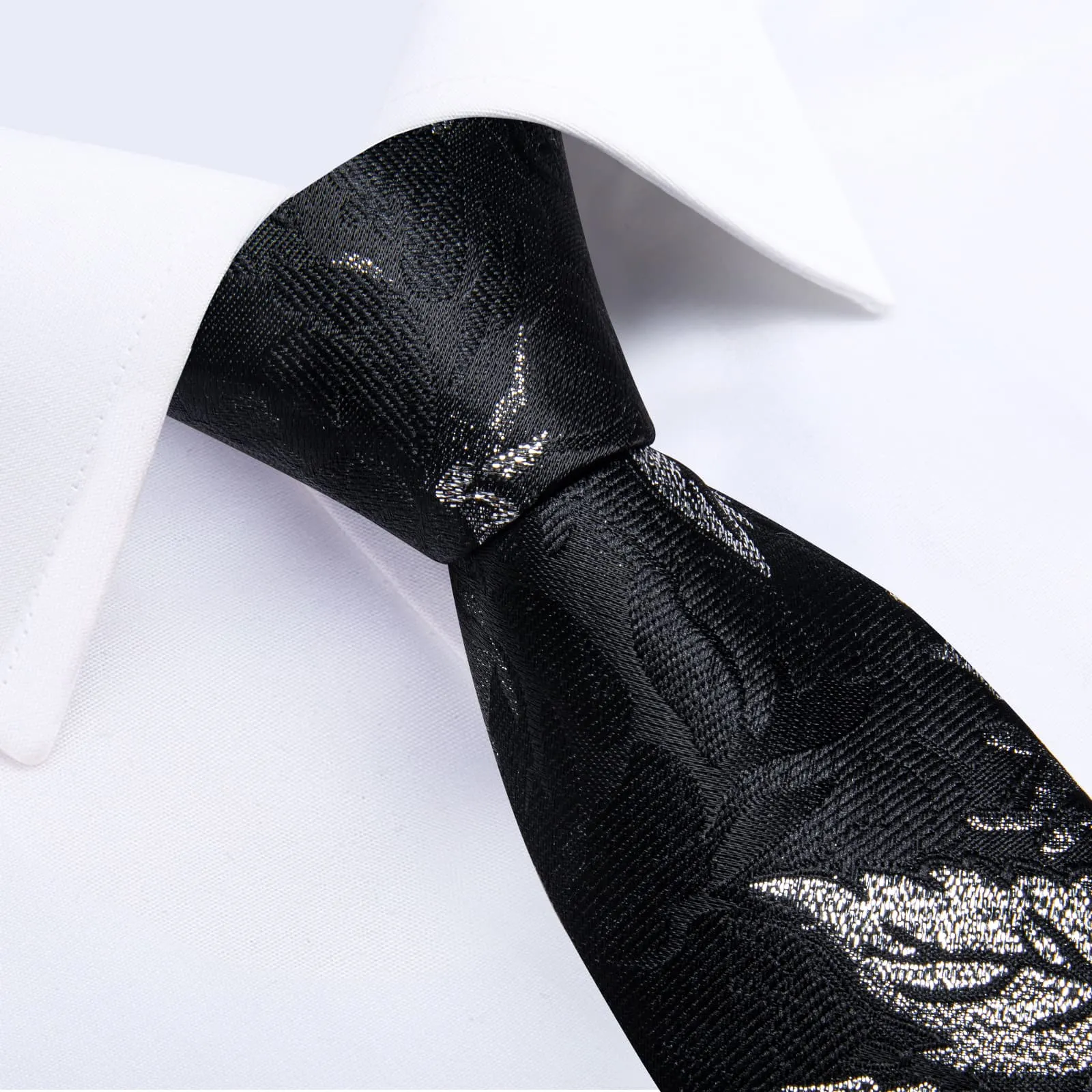 DiBanGu Silk Tie Black Silver Floral Lazy Easy-pull Mens Dress Tie Hanky Cufflinks Set