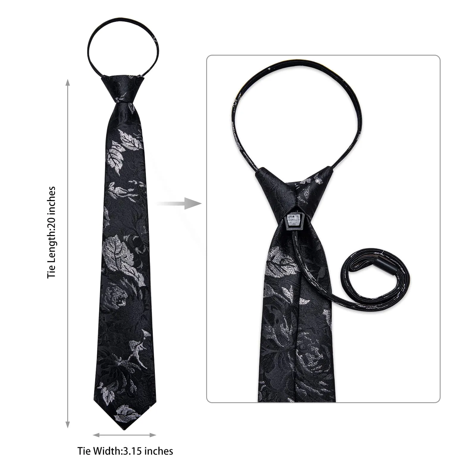 DiBanGu Silk Tie Black Silver Floral Lazy Easy-pull Mens Dress Tie Hanky Cufflinks Set