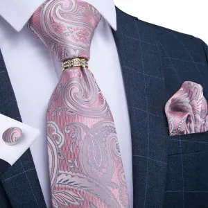 DiBanGu Silk Tie Ring Set Pink Paisley Men's Tie Pocket Square Cufflinks Ring Set 4PC