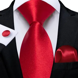 DiBanGu Silk Tie Shining Pure Red Solid Mens Formal Work Dresses Tie Handkerchief Cufflinks Set