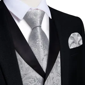 DiBanGu Silver Grey Floral Silk Shawl Collar Mens Dress Vest Tie Set