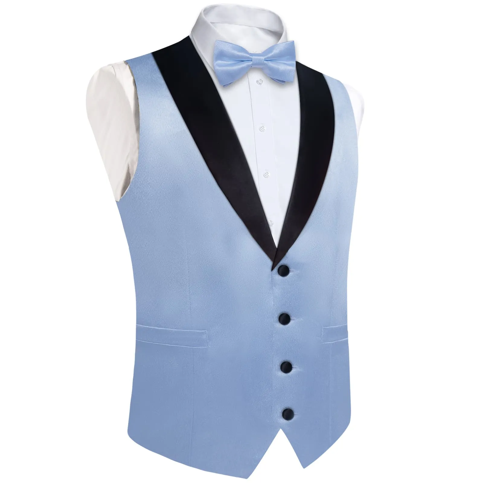 DiBanGu Tuxedo Vest Carolina Blue Solid Silk Mens Button Up Dress Vest and Bow Tie Set