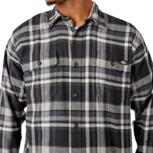 Dickies Men's Long Sleeve Loose Flannel Flex Shirt color Black Gray Multi Plaid