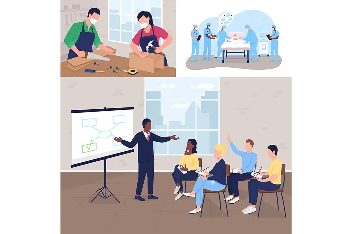 Different training flat color vector illustrations