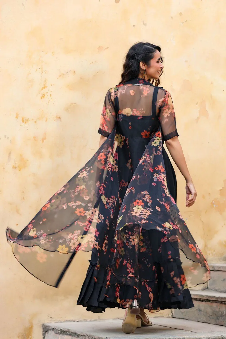 Digital Print Organza Shrug With Black Gown