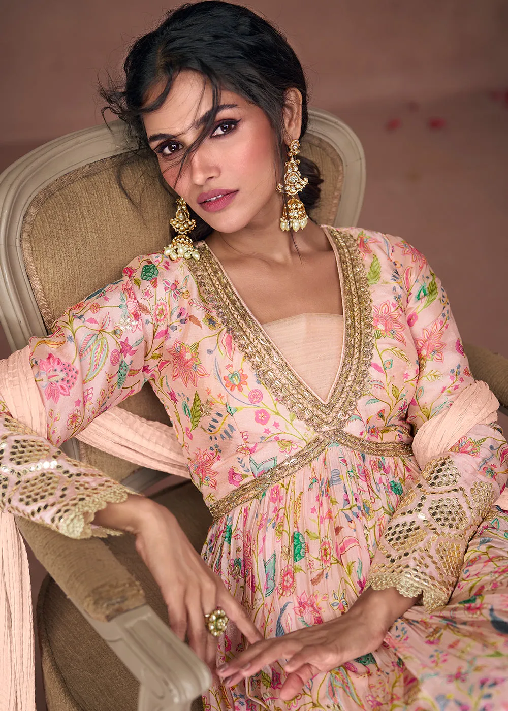 Digital Printed Blush Peach Organza Silk Designer Anarkali Gown