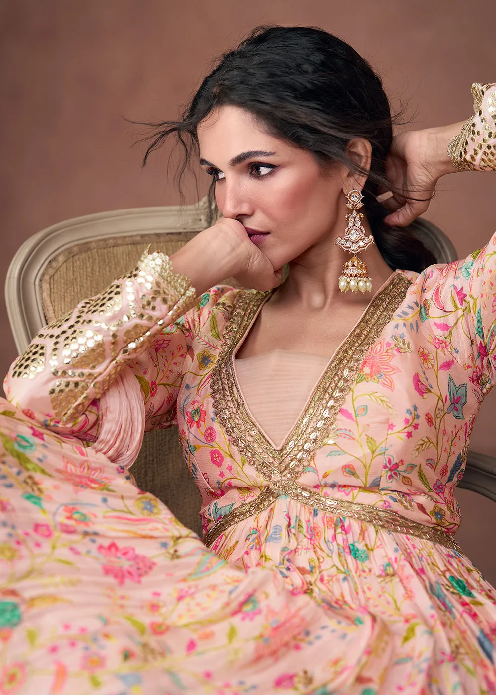 Digital Printed Blush Peach Organza Silk Designer Anarkali Gown