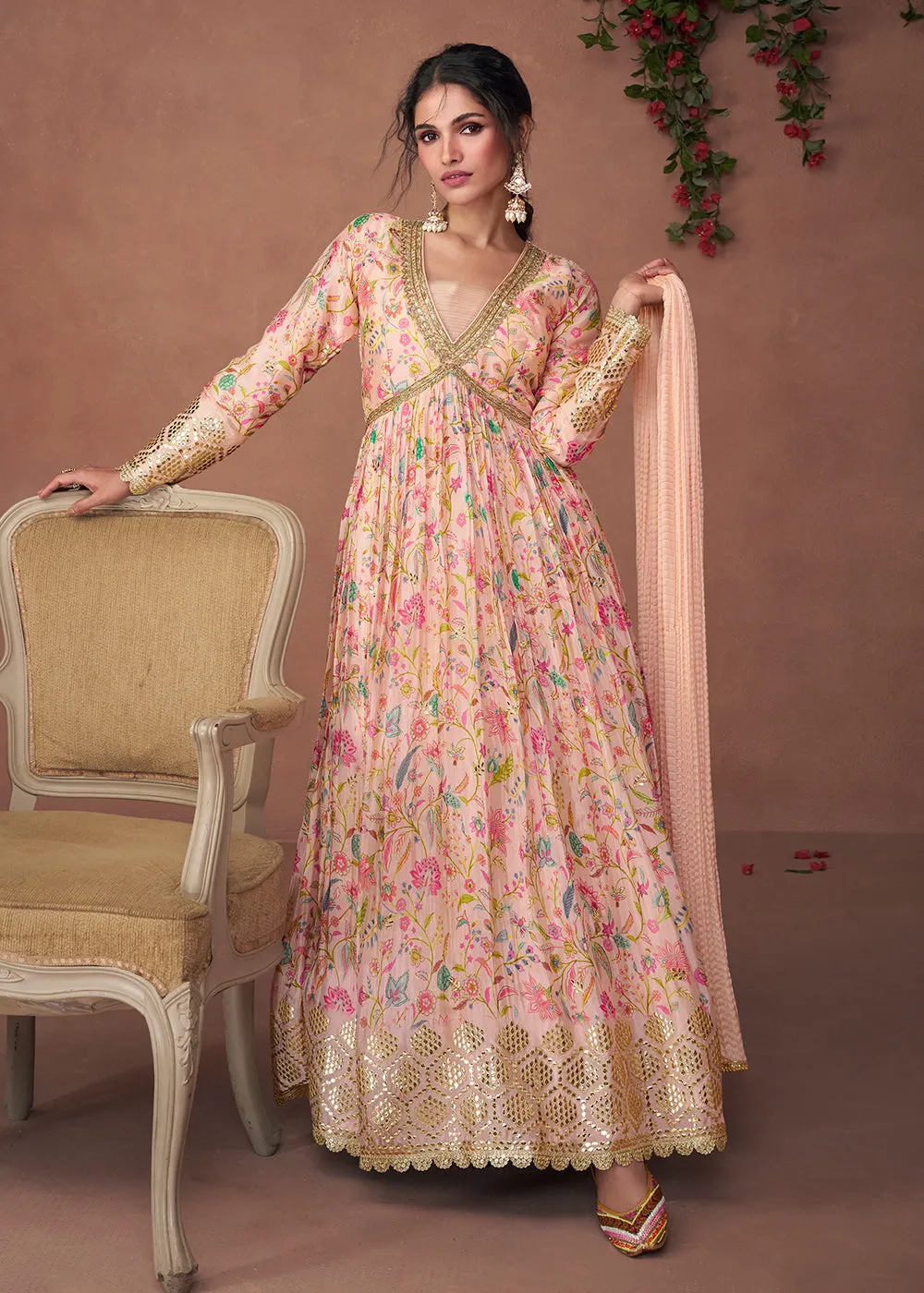 Digital Printed Blush Peach Organza Silk Designer Anarkali Gown