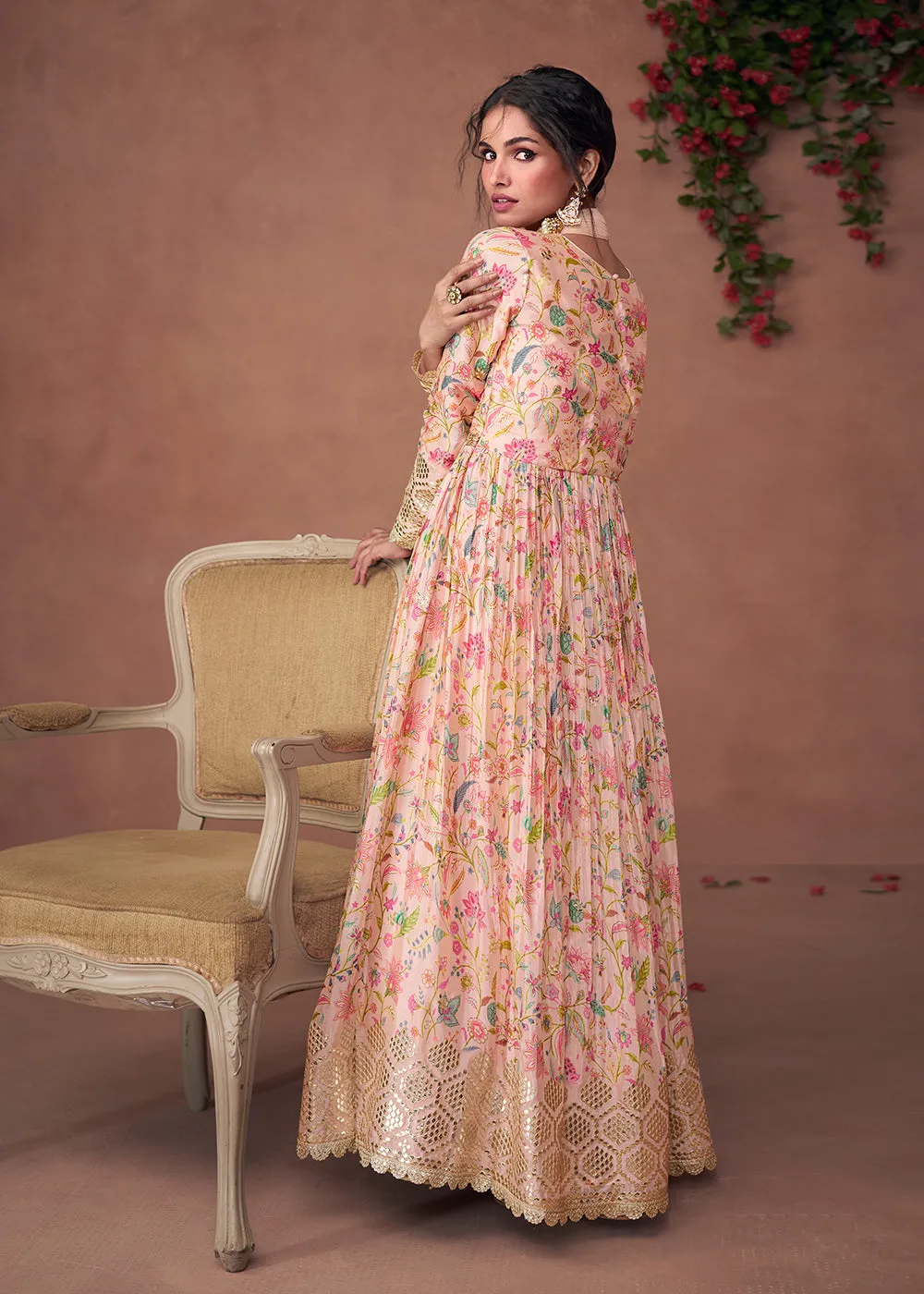 Digital Printed Blush Peach Organza Silk Designer Anarkali Gown