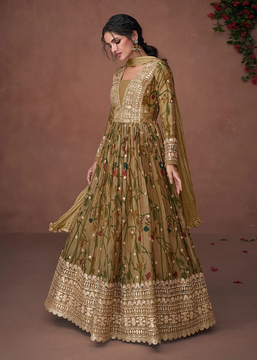 Digital Printed Mehndi Green Organza Silk Designer Anarkali Gown