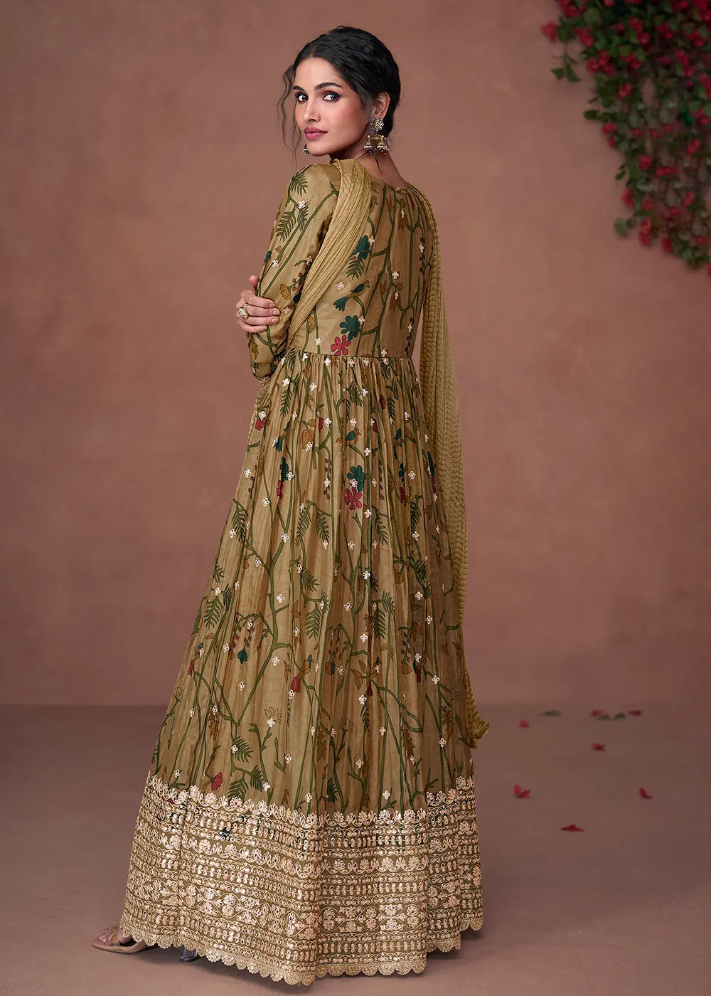 Digital Printed Mehndi Green Organza Silk Designer Anarkali Gown