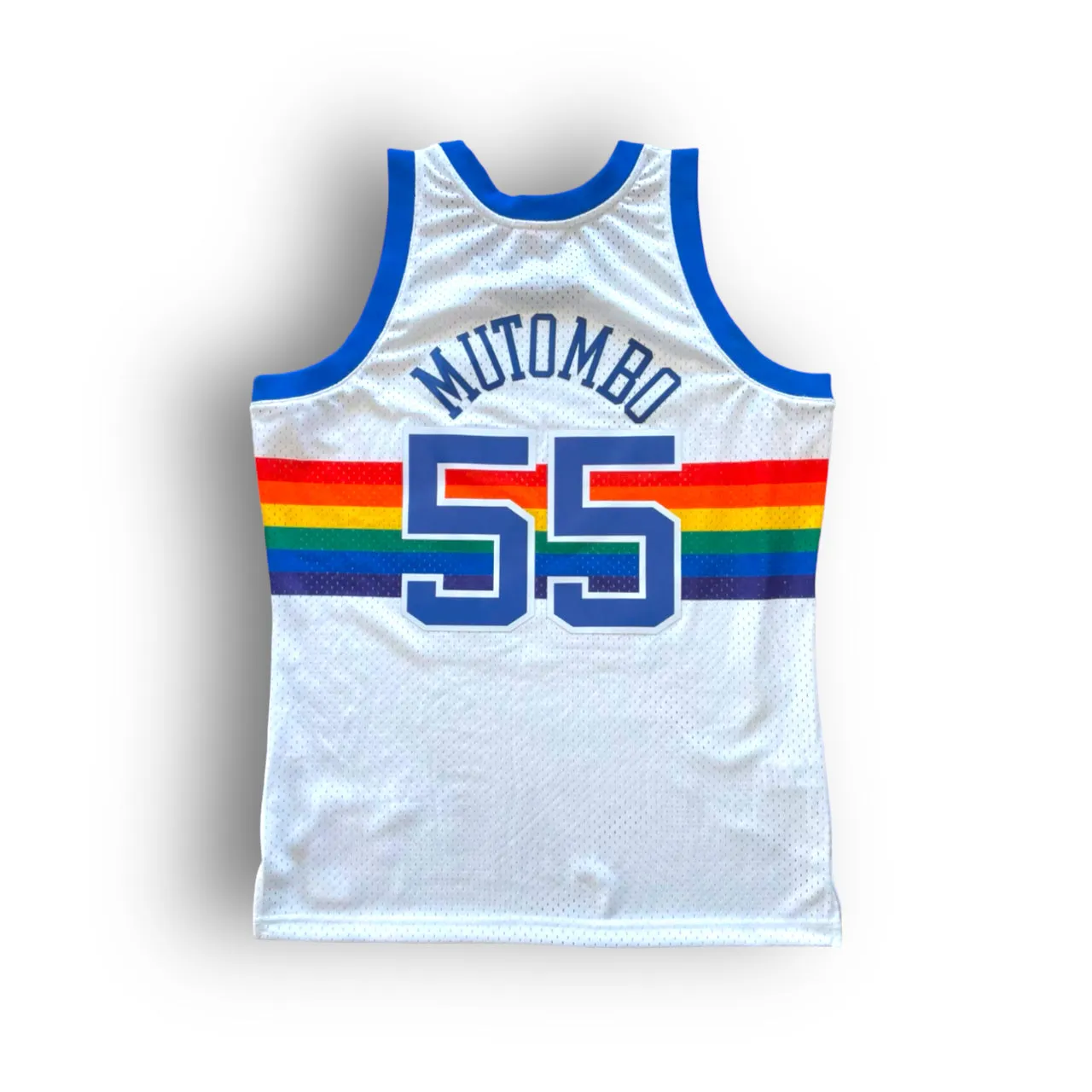 Dikembe Mutombo 1991-1992 Denver Nuggets Home Mitchell & Ness Swingman Jersey - Rainbow/White