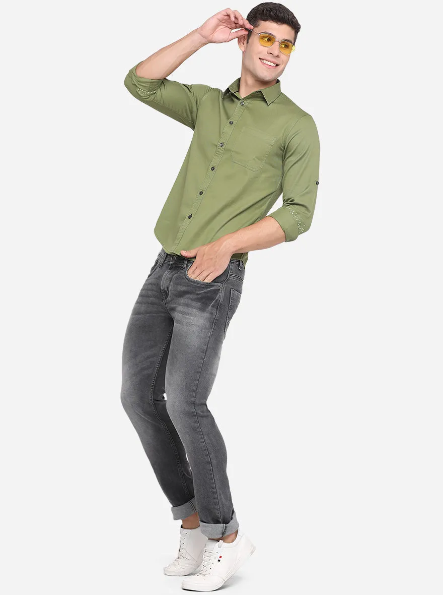 Dill Green Solid Slim Fit Semi Casual Shirt | Greenfibre