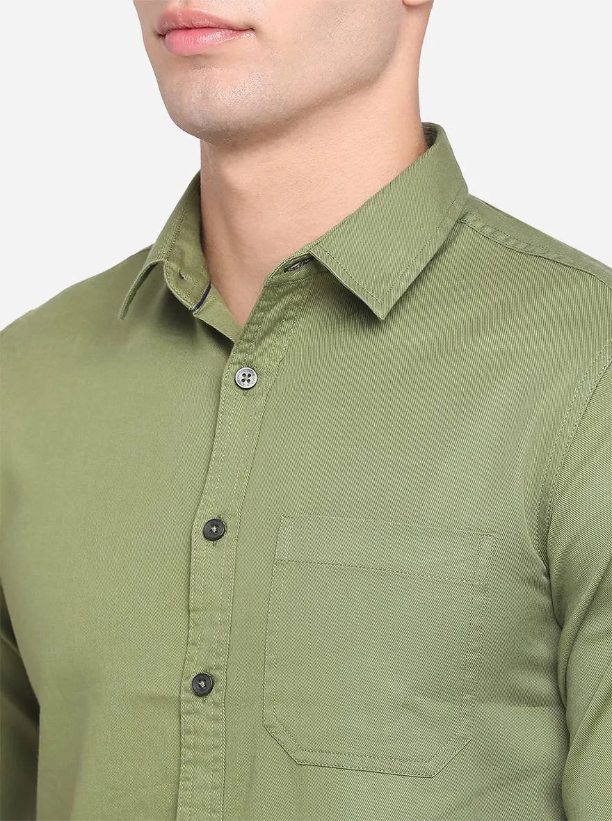 Dill Green Solid Slim Fit Semi Casual Shirt | Greenfibre