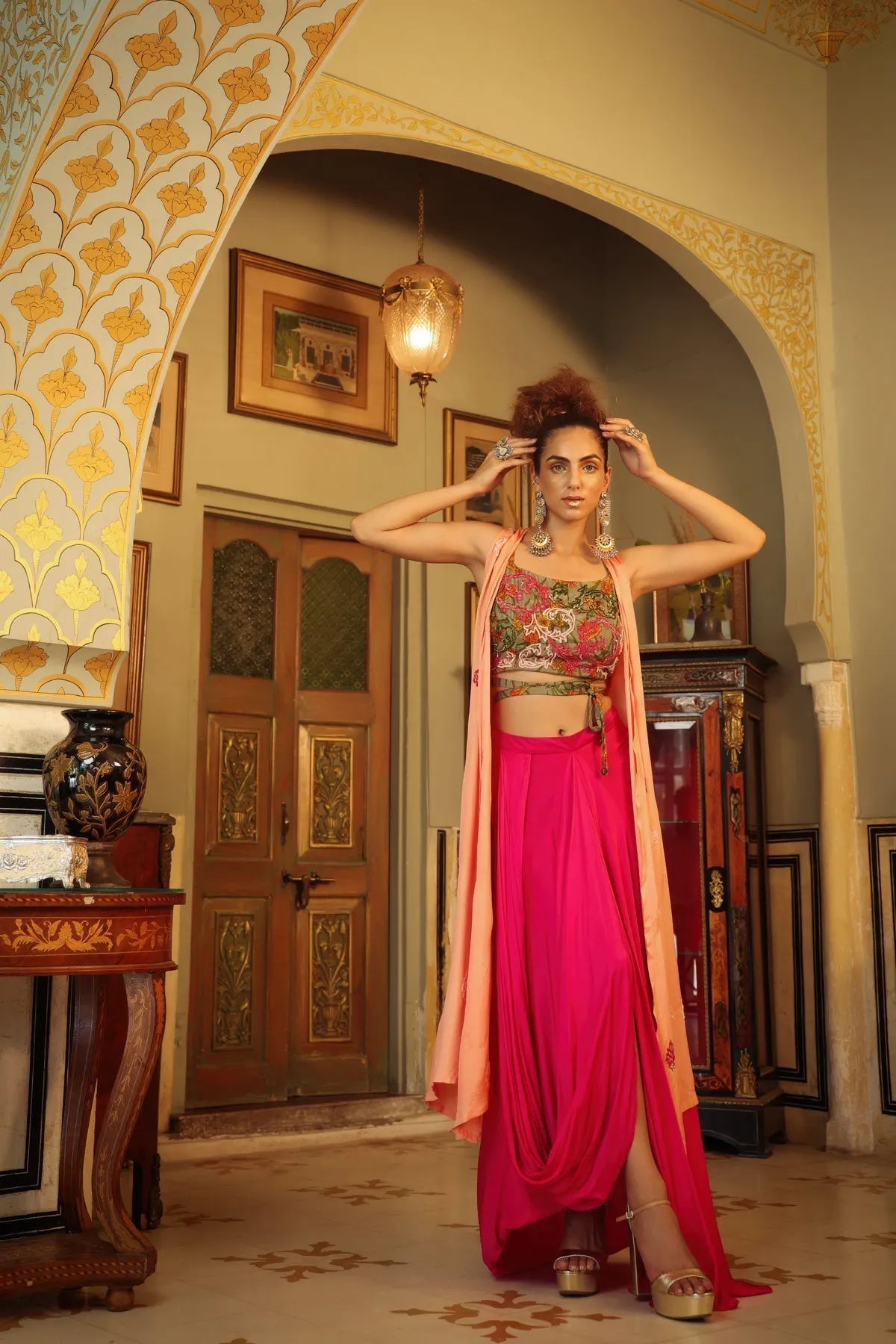 Dilruba sage green peach hot pink rangeen sitara tie up top with drape skirt and cape set