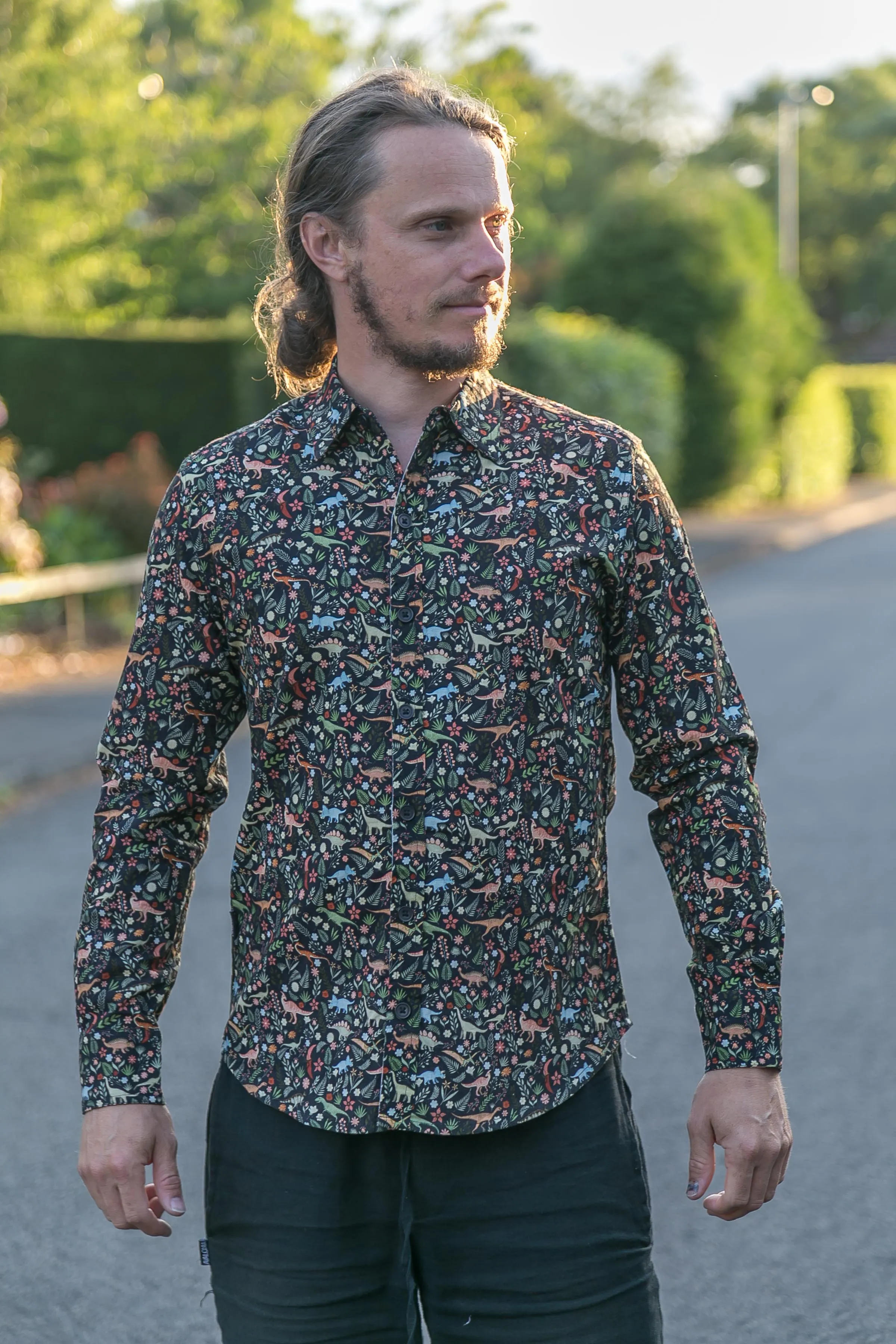 Dinosaur Floral Print Cotton and Organic Cotton Slim Fit Mens Shirt Long Sleeve