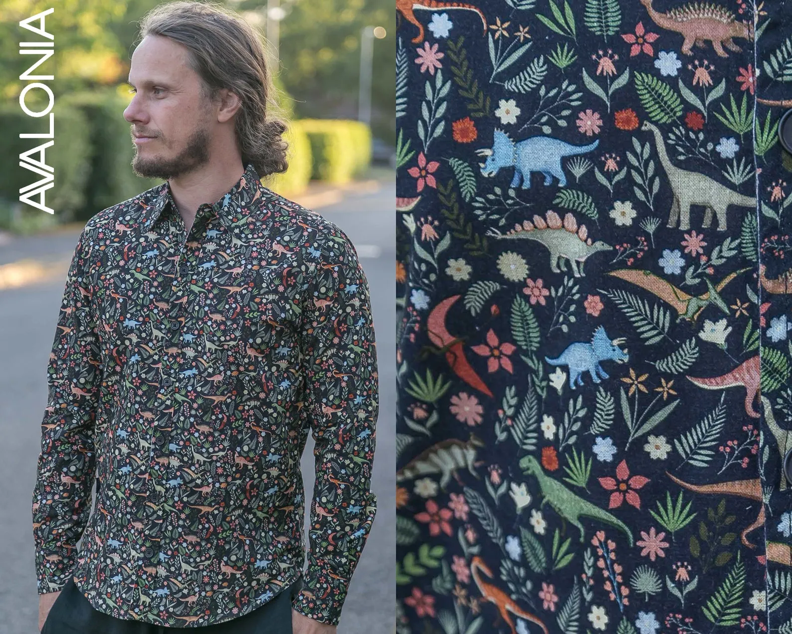 Dinosaur Floral Print Cotton and Organic Cotton Slim Fit Mens Shirt Long Sleeve