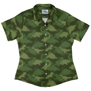 Dinosaur Khaki Army Dinosaur Green Curvy Button Up Shirt