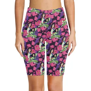 Disney Mulan Blooming Flowers Women's Athletic Workout Half Tights Leggings With Side Pockets