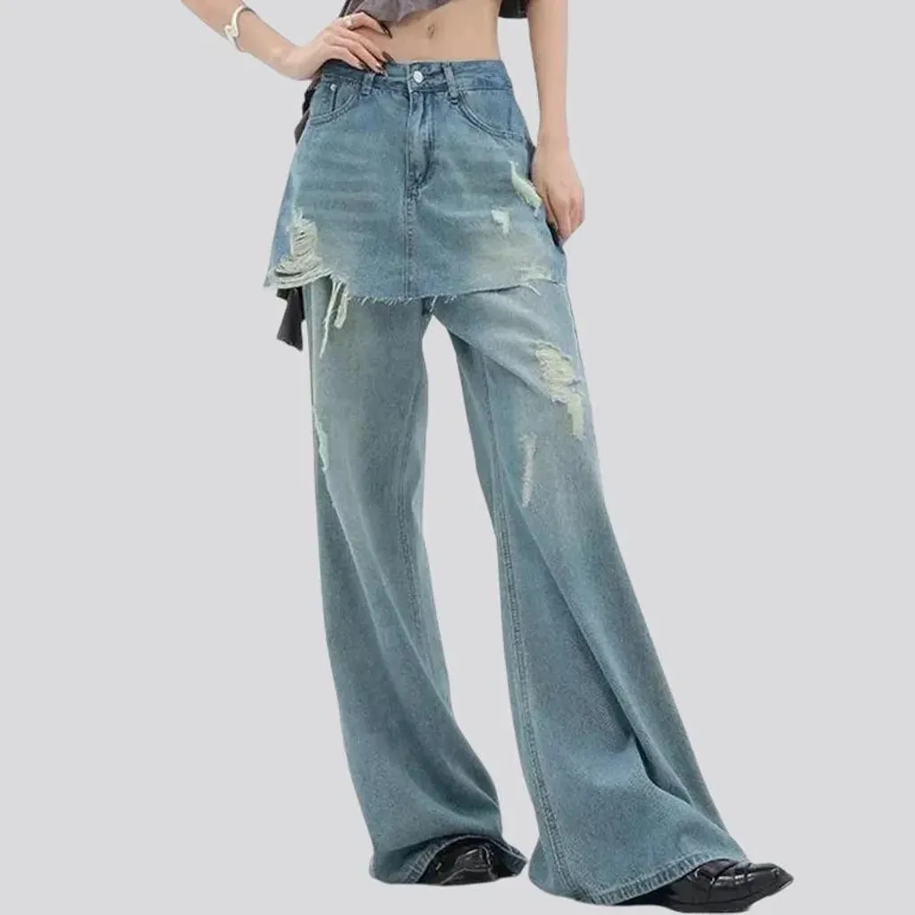 Distressed boho style high rise women's jeans