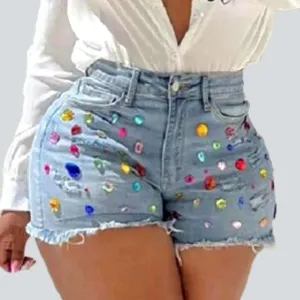 Distressed color rhinestone denim shorts