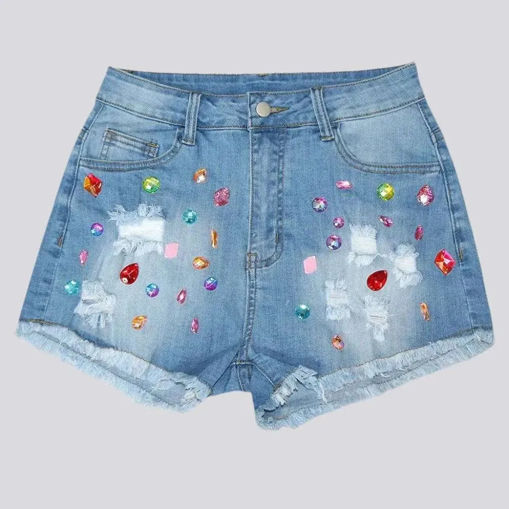 Distressed color rhinestone denim shorts