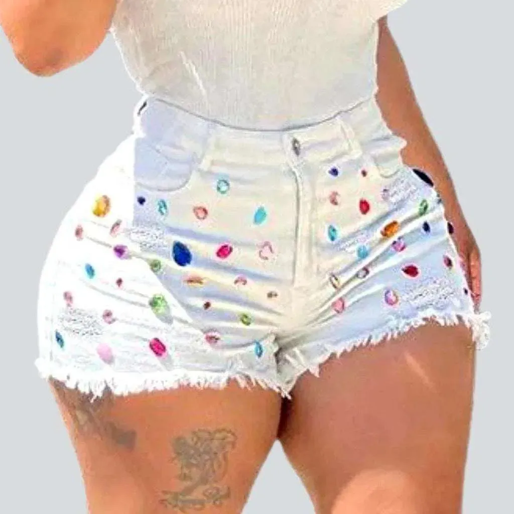 Distressed color rhinestone denim shorts