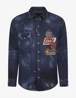 Distressed Denim Shirt with Badges