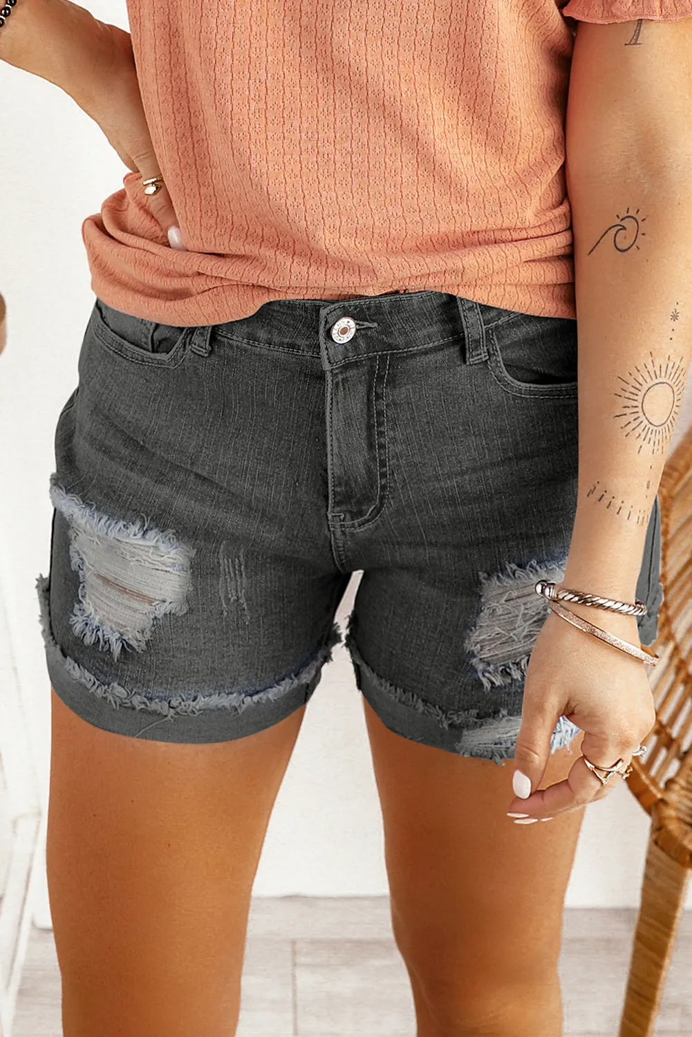 Distressed Denim Short for Women Ripped Rolled Hem Blue Denim Jean Shorts