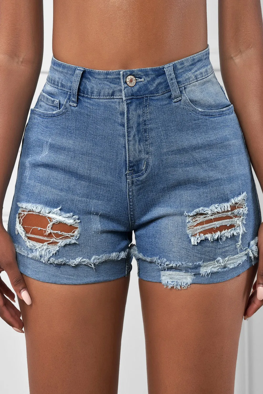 Distressed Denim Short for Women Ripped Rolled Hem Blue Denim Jean Shorts