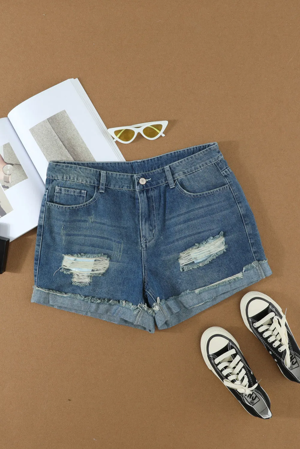 Distressed Denim Short for Women Ripped Rolled Hem Blue Denim Jean Shorts