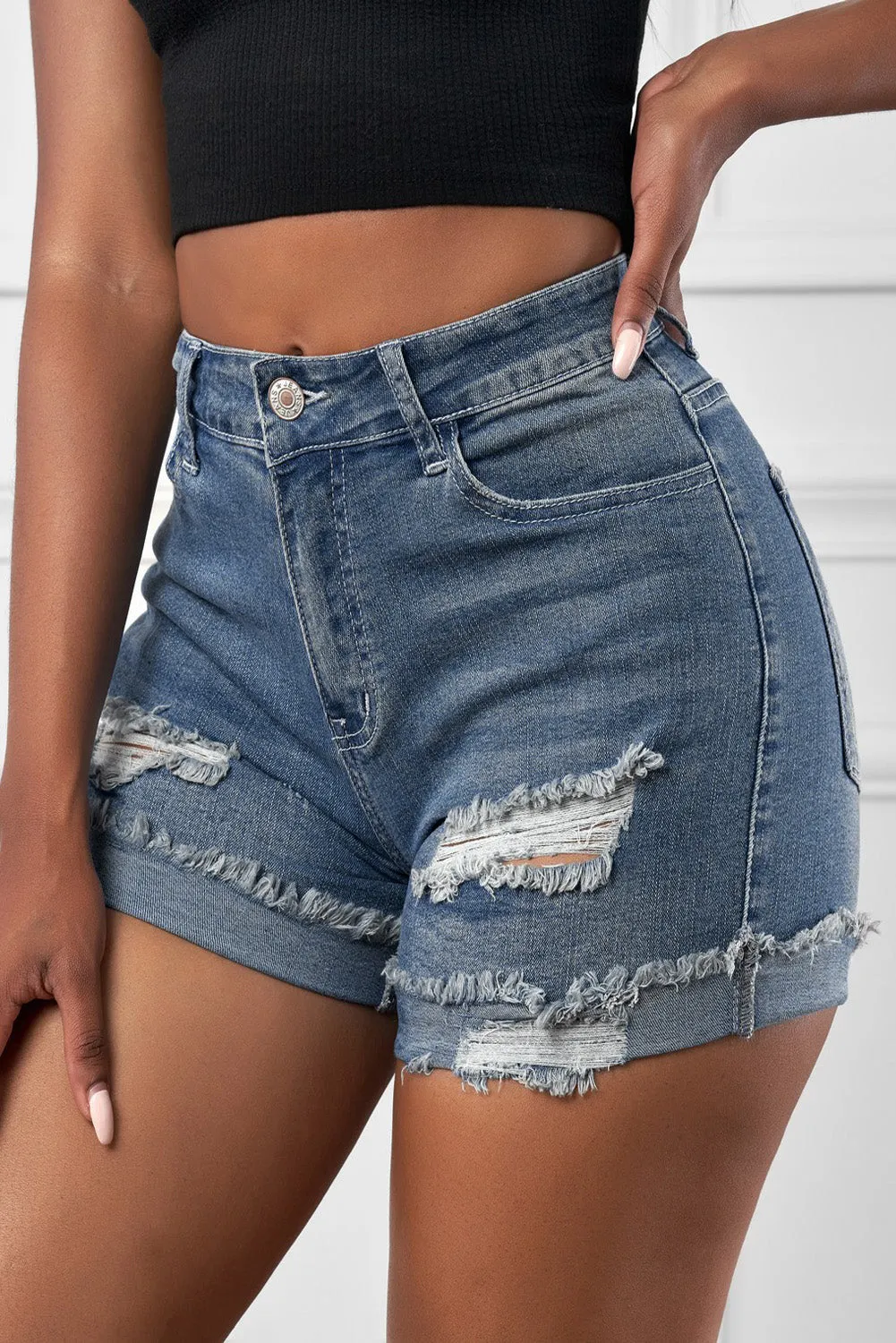 Distressed Denim Short for Women Ripped Rolled Hem Blue Denim Jean Shorts