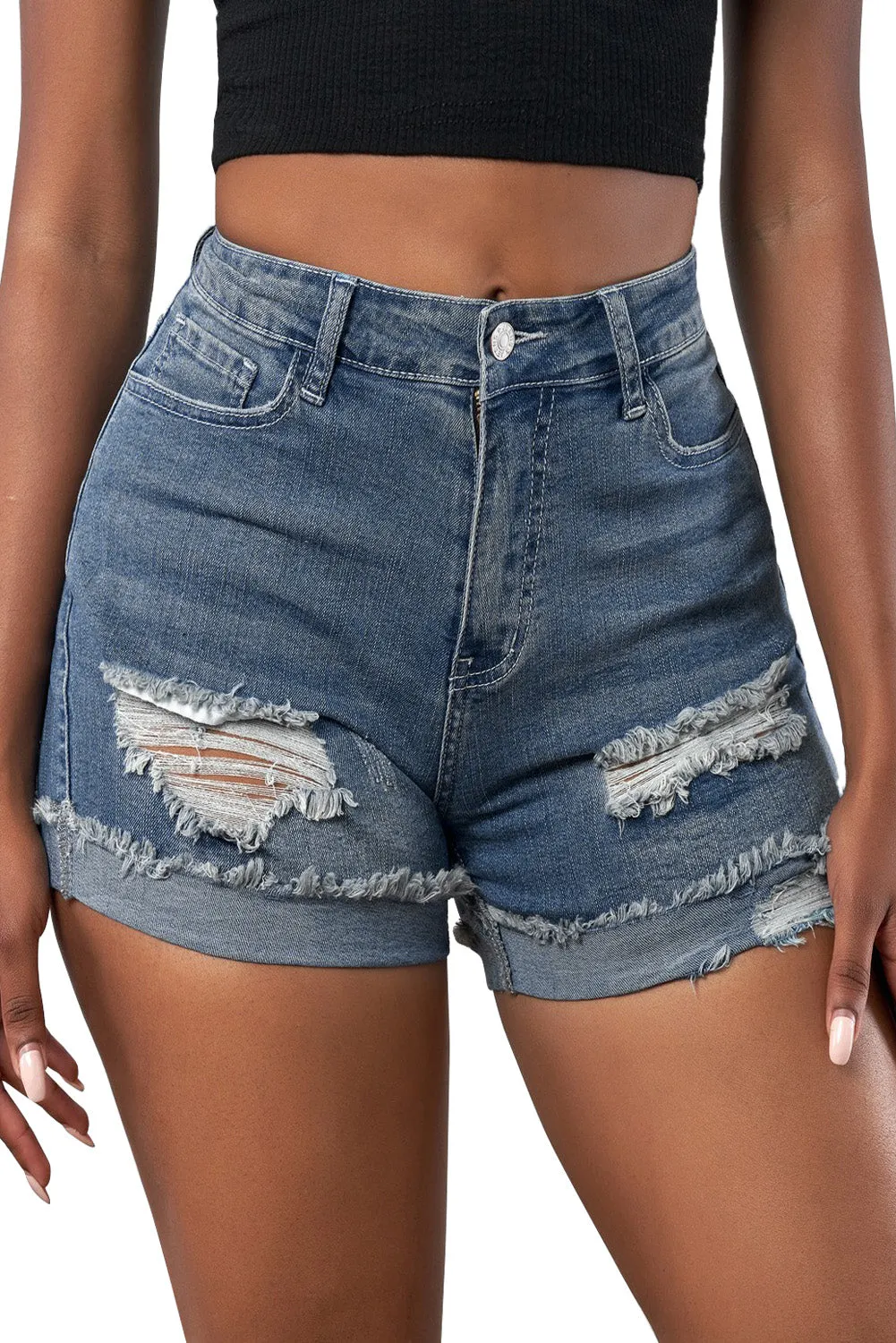 Distressed Denim Short for Women Ripped Rolled Hem Blue Denim Jean Shorts