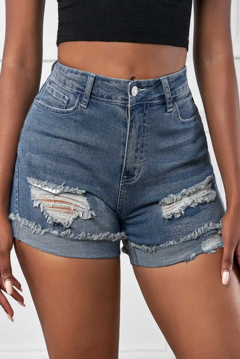 Distressed Denim Short for Women Ripped Rolled Hem Blue Denim Jean Shorts