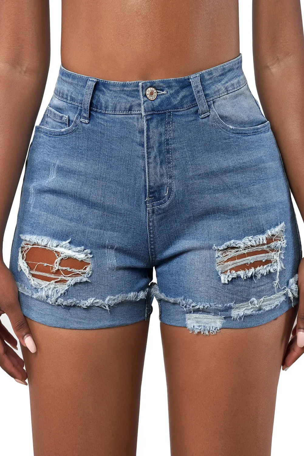 Distressed Denim Short for Women Ripped Rolled Hem Blue Denim Jean Shorts