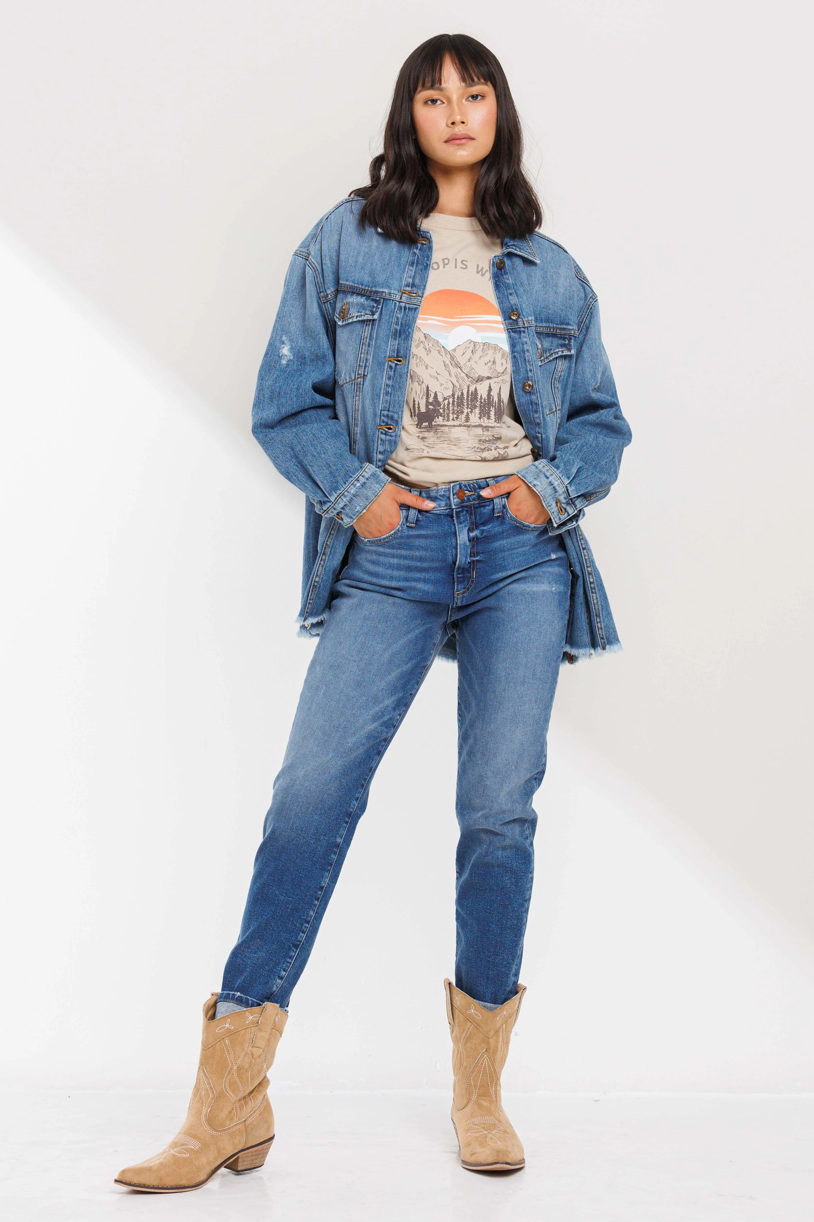 DISTRESSED DROP SHOULDER OVERSIZED DENIM BUTTON UP JACKET WITH FRAY HEM / SP-J4252