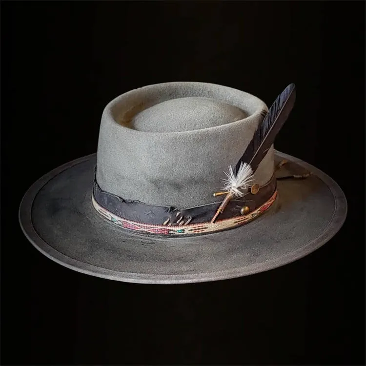 Distressed Fedora with Grey Striped Edge Black Band White Feather Adornment