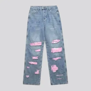 Distressed pink patchwork men's jeans