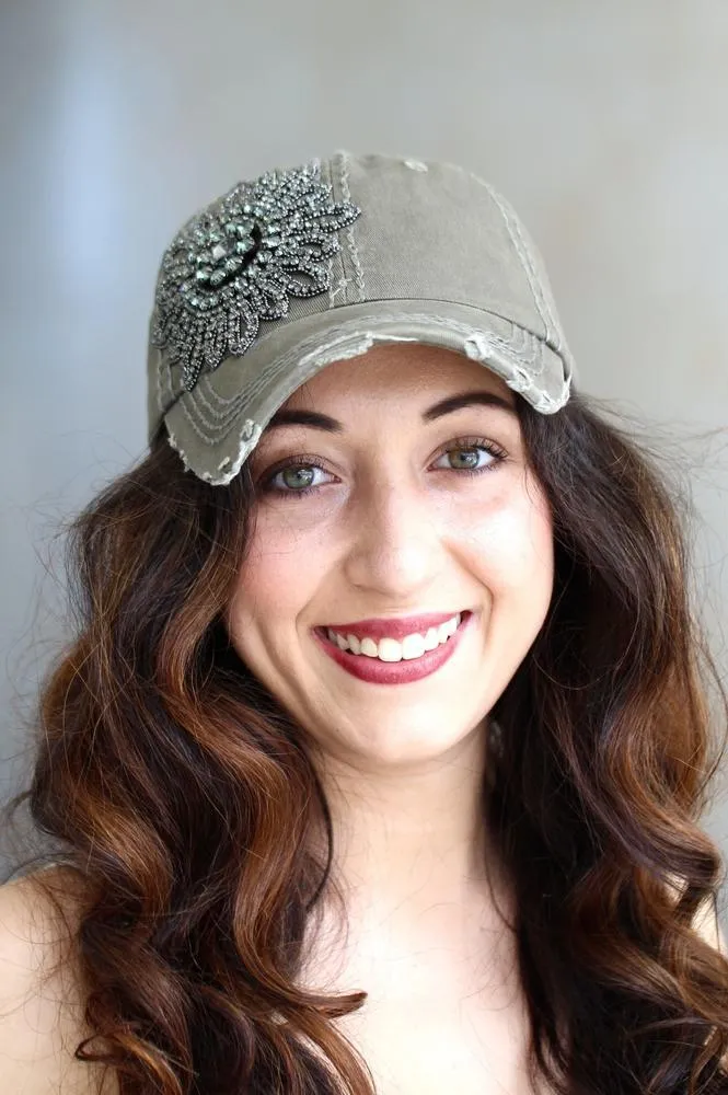 Distressed Rhinestone Flower Baseball Hat