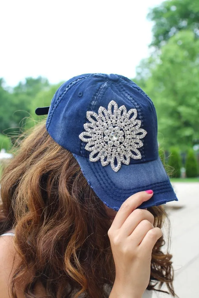 Distressed Rhinestone Flower Baseball Hat