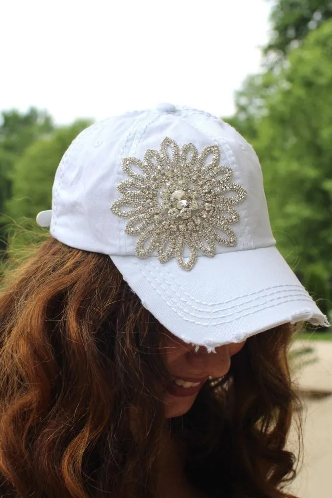 Distressed Rhinestone Flower Baseball Hat