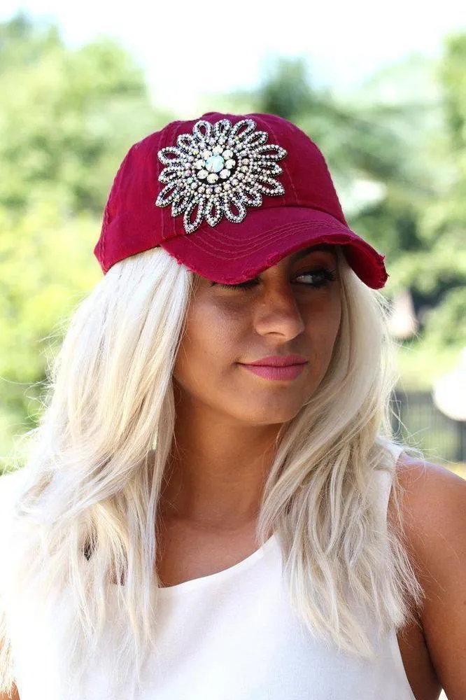 Distressed Rhinestone Flower Baseball Hat