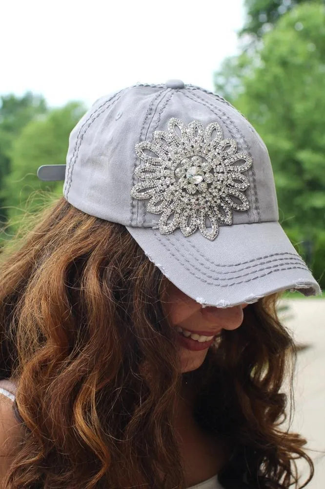 Distressed Rhinestone Flower Baseball Hat