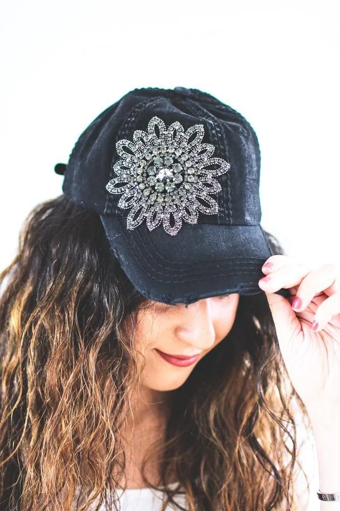 Distressed Rhinestone Flower Baseball Hat