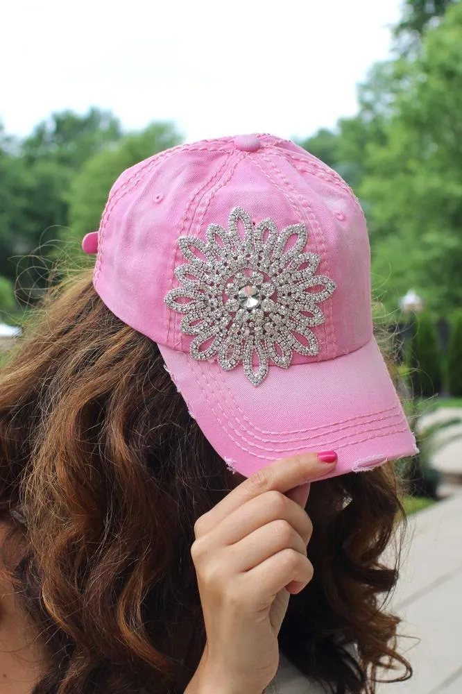 Distressed Rhinestone Flower Baseball Hat